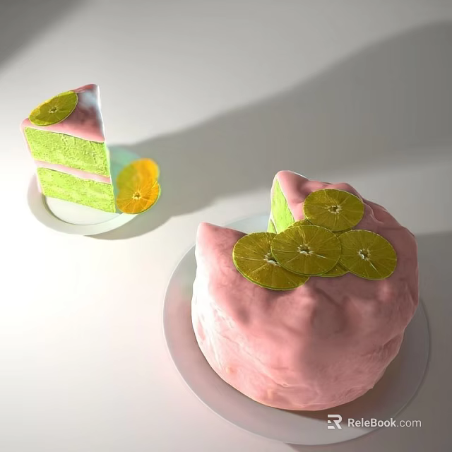Delicious Pink Cake With Lemon Slices And Sliced Piece On White Plate 3d model 