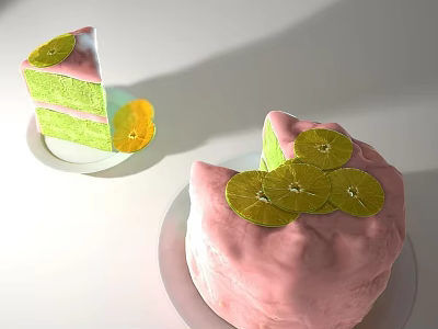 Delicious Pink Cake With Lemon Slices And Sliced Piece On White Plate 3d model