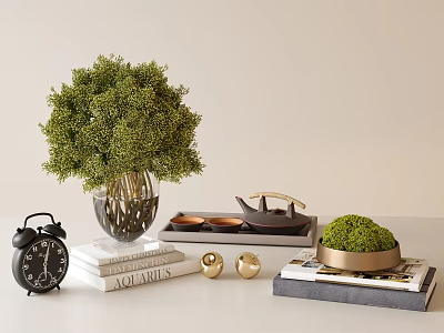 Modern Decorative Ornament Set with Green Plant Vase Books Clock Metal Tray and Decor Accents 3d model