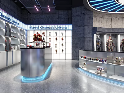 Modern Marvel Cinematic Universe Showroom With Avengers Figures And Display Shelves Blue Lighting 3d model