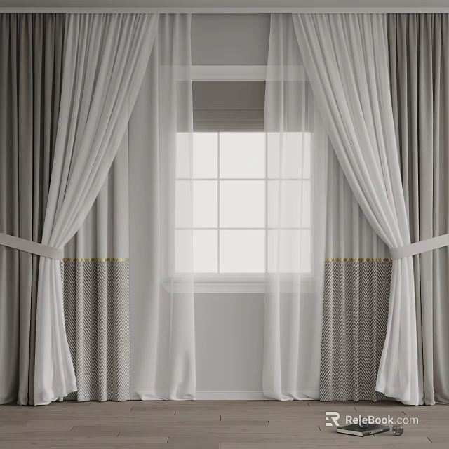 Modern Curtain Design With Sheer White And Gray Heavy Panels For Grid Window Gold Tiebacks 3d model 