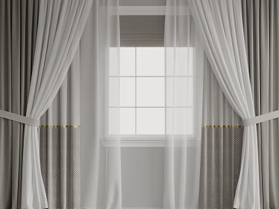 Modern Curtain Design With Sheer White And Gray Heavy Panels For Grid Window Gold Tiebacks 3d model