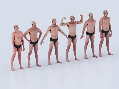 Multiple Muscular Men in Swim Trunks Showing Various Standing Poses Against White Background 3d model