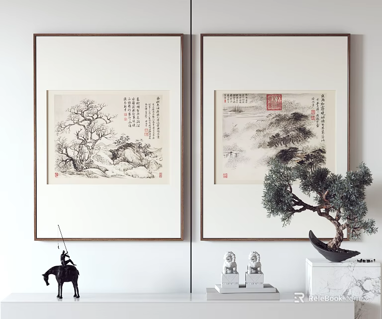Traditional Chinese Scroll Paintings with Bonsai Tree and Decorative Figurines in Living Room 3d model 