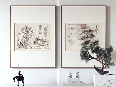 Traditional Chinese Scroll Paintings with Bonsai Tree and Decorative Figurines in Living Room 3d model