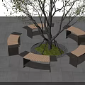Outdoor Chairs With Wooden Seats And Metal Frames In Circular Arrangement Around Tree