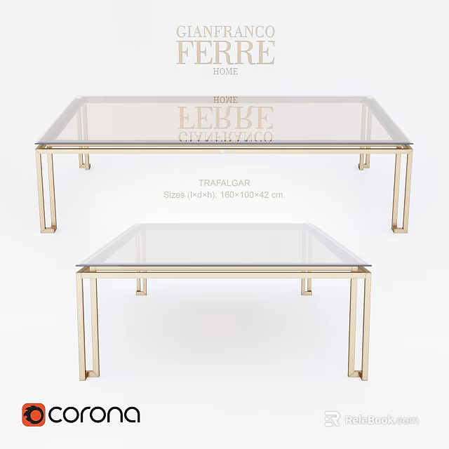 Modern Functional Table With Glass Top And Golden Metal Legs Set 3d model 