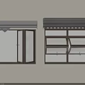 Storefront Display Windows with Gray Awnings Glass Doors and Wooden Shelves