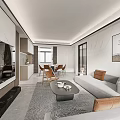 Modern Living and Dining Room Interior With Round Table Dining Chairs Sofa and Decorative Plants