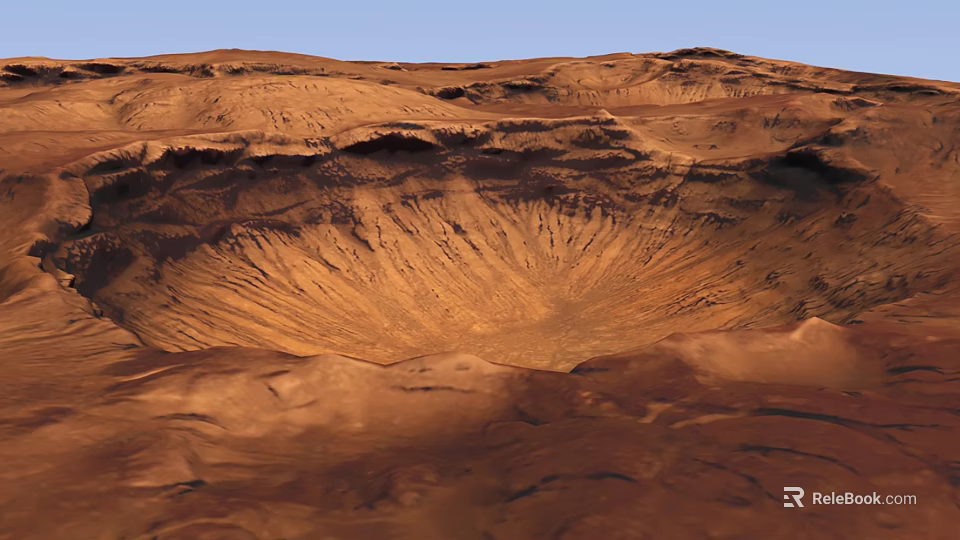 Stunning Desert Landscape Featuring Impact Crater With Brown Terrain Circular Eroded Patterns And Blue Sky 3d model 