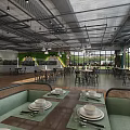 Modern Restaurant Interior With Dining Tables Green Chairs And Decorative Plants