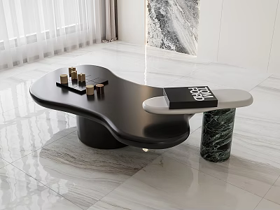 Modern Coffee Table with Irregular Black Tabletop and Marble Base Adorned with Golden Decorative Objects 3d model
