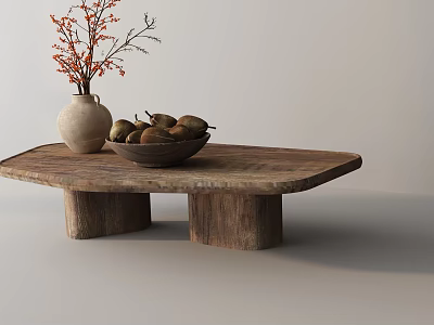 Natural Style Sofa Coffee Table Set with Wooden Table Earthenware Vase and Fruit Bowl 3d model