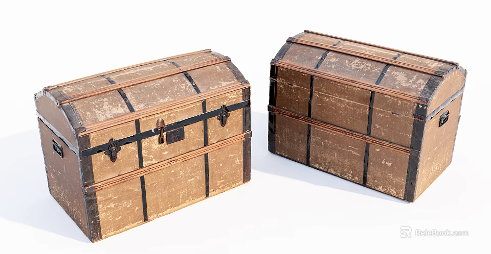 Two Vintage Wooden Trunks With Black Metal Straps And Distressed Finish 3d model 