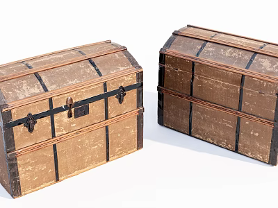 Two Vintage Wooden Trunks With Black Metal Straps And Distressed Finish 3d model