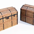 Two Vintage Wooden Trunks With Black Metal Straps And Distressed Finish