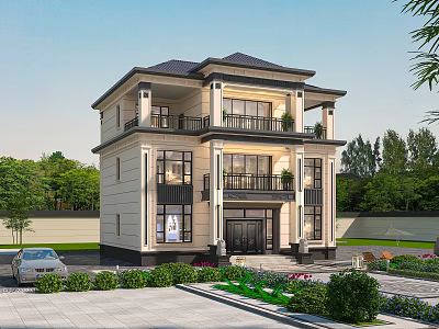 Detached Villa Two Story Exterior With Balcony Landscaped Garden And Front Yard 3d model