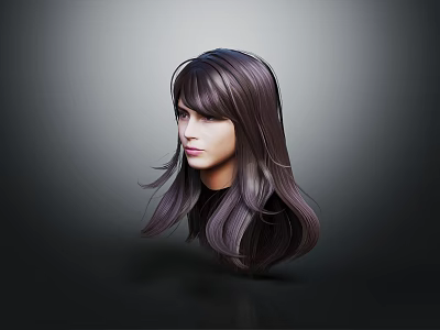 3D Rendered Female Head With Dark Purple Long Curly Hair And Bangs 3d model