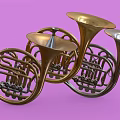Multiple Brass French Horns Musical Instruments Stacked On Purple Background