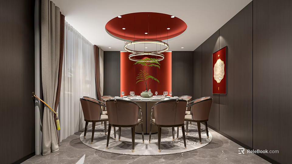 Elegant Private Dining Room With Round Table Brown Chairs Red Accent Wall And Circular Light 3d model