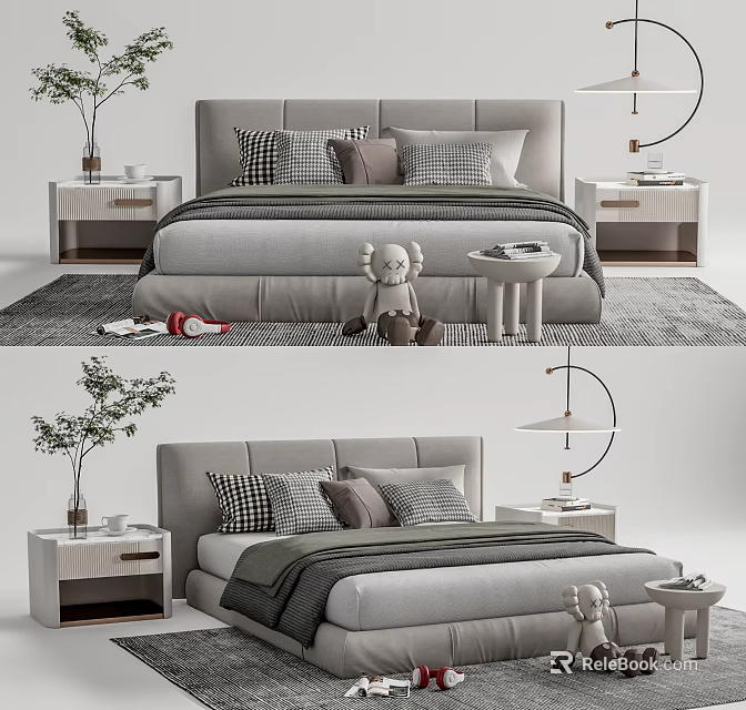 Gray Upholstered Double Bed With Checkered Pillows Nightstands And Table Lamp 3d model