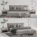 Gray Upholstered Double Bed With Checkered Pillows Nightstands And Table Lamp 3d model
