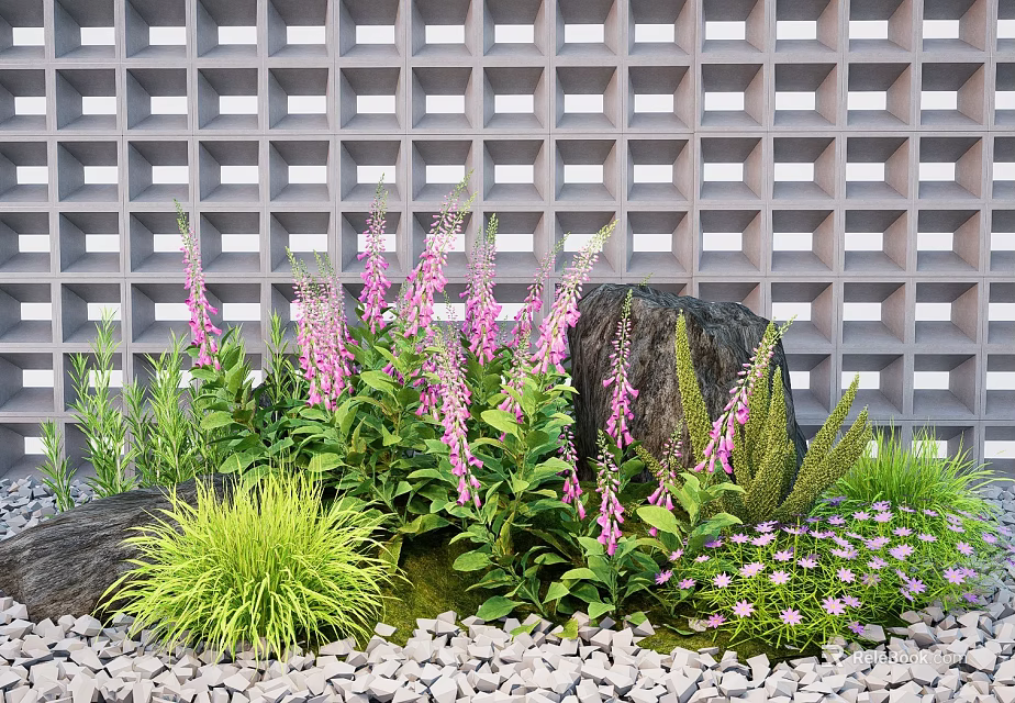 Lush Ground Cover Plants With Purple Flowers Green Ferns Stone Accents Against Grid Pattern Background 3d model 