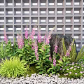 Lush Ground Cover Plants With Purple Flowers Green Ferns Stone Accents Against Grid Pattern Background