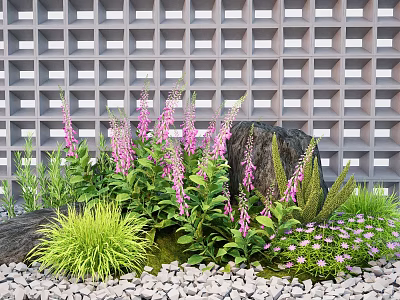 Lush Ground Cover Plants With Purple Flowers Green Ferns Stone Accents Against Grid Pattern Background 3d model