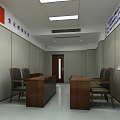 Leisure Area with Gray Walls Square Lights Long Table Chairs Brown Cabinet Green Window View