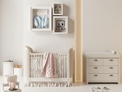 White Baby Crib With Pink Blanket White Shelves Blue Clothes And White Dresser 3d model