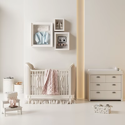 White Baby Crib With Pink Blanket White Shelves Blue Clothes And White Dresser 3d model