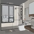Modern Bathroom Interior With Glass Shower Enclosure Marble Vanity Mirror And City View Blinds