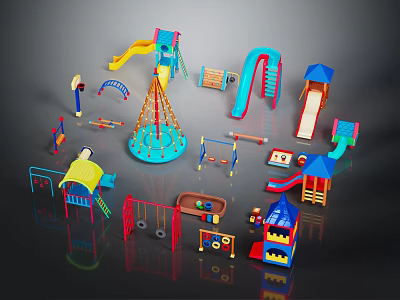 Colorful Children's Playground Equipment Featuring Slides Swings Climbing Frames And Playhouses 3d model