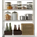Stainless Steel Storage Shelves with Black Baskets Pots Jars Food Items and Wicker Basket