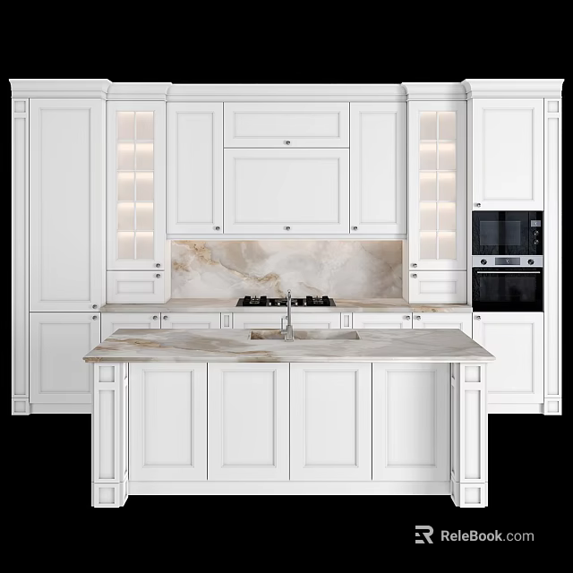 White Kitchen Cabinets With Marble Countertop Central Island And Interior Design 3d model 