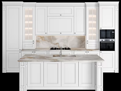 White Kitchen Cabinets With Marble Countertop Central Island And Interior Design 3d model