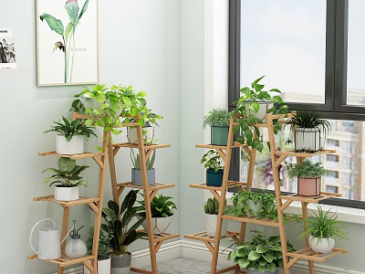 Indoor Garden Decor With Tiered Wooden Plant Shelves And Various Green Potted Plants 3d model