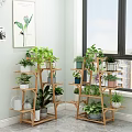 Indoor Garden Decor With Tiered Wooden Plant Shelves And Various Green Potted Plants