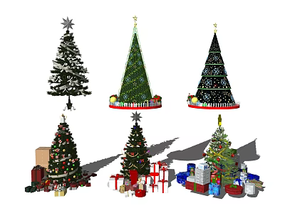Various Decorated Christmas Trees With Colorful Lights And Gift Displays 3d model