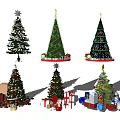 Various Decorated Christmas Trees With Colorful Lights And Gift Displays