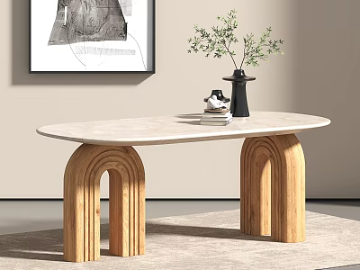 Oval Dining Table with Light Marble Top Arched Wooden Legs Black Vase and Green Plant 3d model