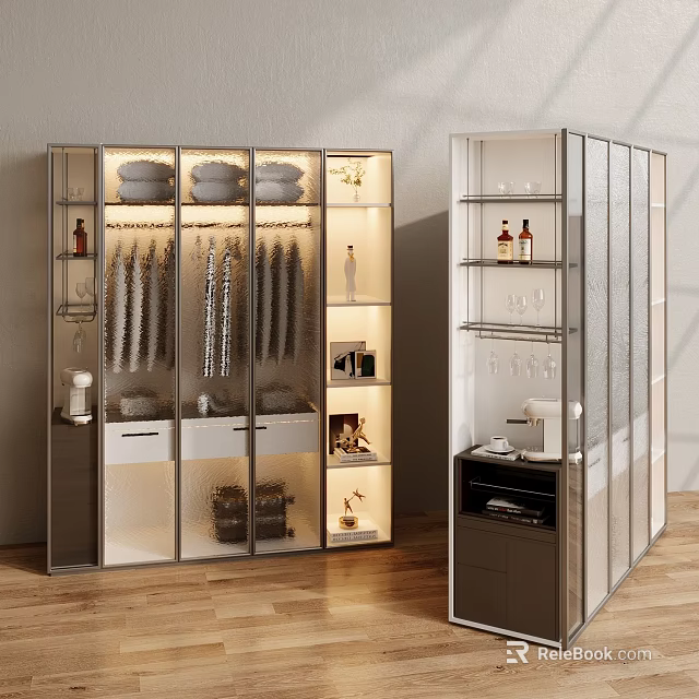 Modern Wardrobe Doors With Glass Panels LED Lighting And Storage Shelves 3d model 
