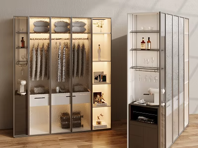 Modern Wardrobe Doors With Glass Panels LED Lighting And Storage Shelves 3d model