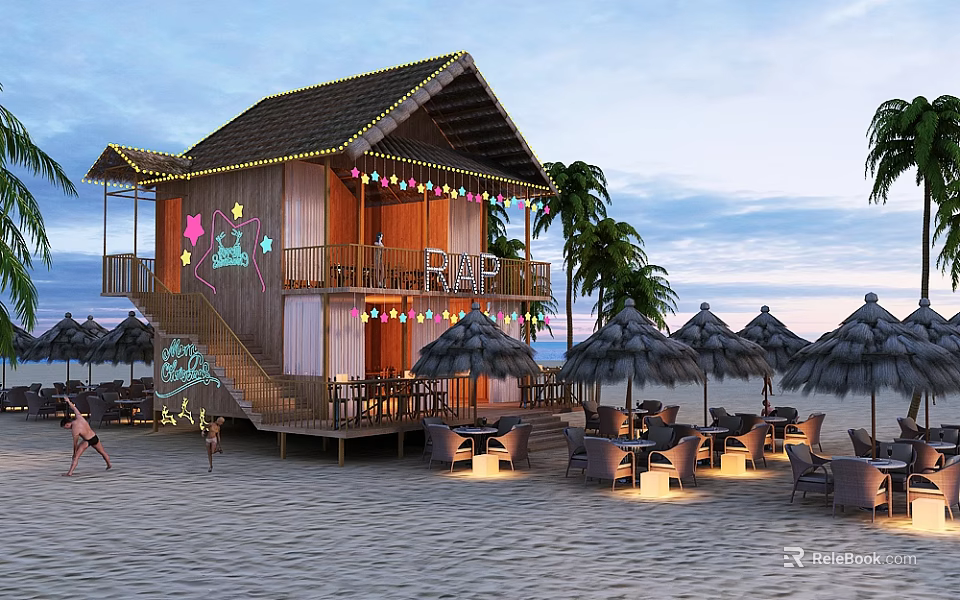 Beachfront Wooden Cabin With Thatched Umbrellas Outdoor Seating And String Lights On Sandy Beach 3d model 