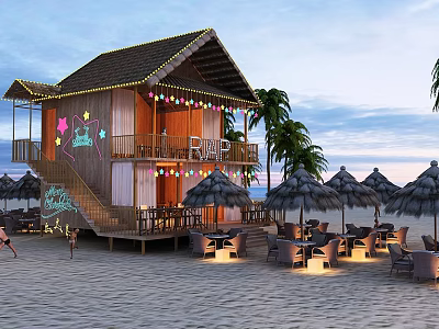Beachfront Wooden Cabin With Thatched Umbrellas Outdoor Seating And String Lights On Sandy Beach 3d model