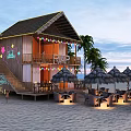 Beachfront Wooden Cabin With Thatched Umbrellas Outdoor Seating And String Lights On Sandy Beach