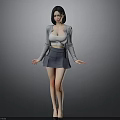 Young Woman Wearing Gray Cardigan White Tank Top Gray Pleated Skirt And Black Heels