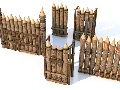Rustic Wooden Fences With Pointed Posts And Various Outdoor Designs 3d model