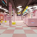 Pink KTV Interior Design With Neon Lights Checkerboard Floor Counter And Seats